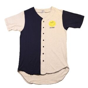 College Ware Mens OS Baseball Jersey Gray Navy Whatever Smiley Face Graphic